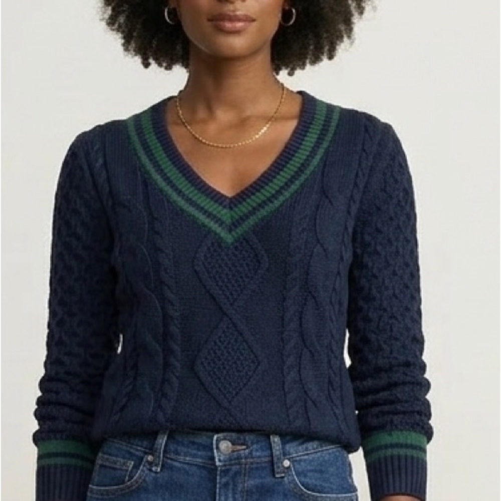 Monteau Navy V-Neck Cable Knit Sweater with Green Trim